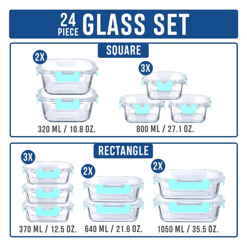 LYTIO Glass Food Containers Storage Organizers for Kitchen Pantry | BPA Free | Leak Proof | Odor Proof | Stain Resistant | 12 Sets | Freezer and Oven Safe (Blue) - Image 2